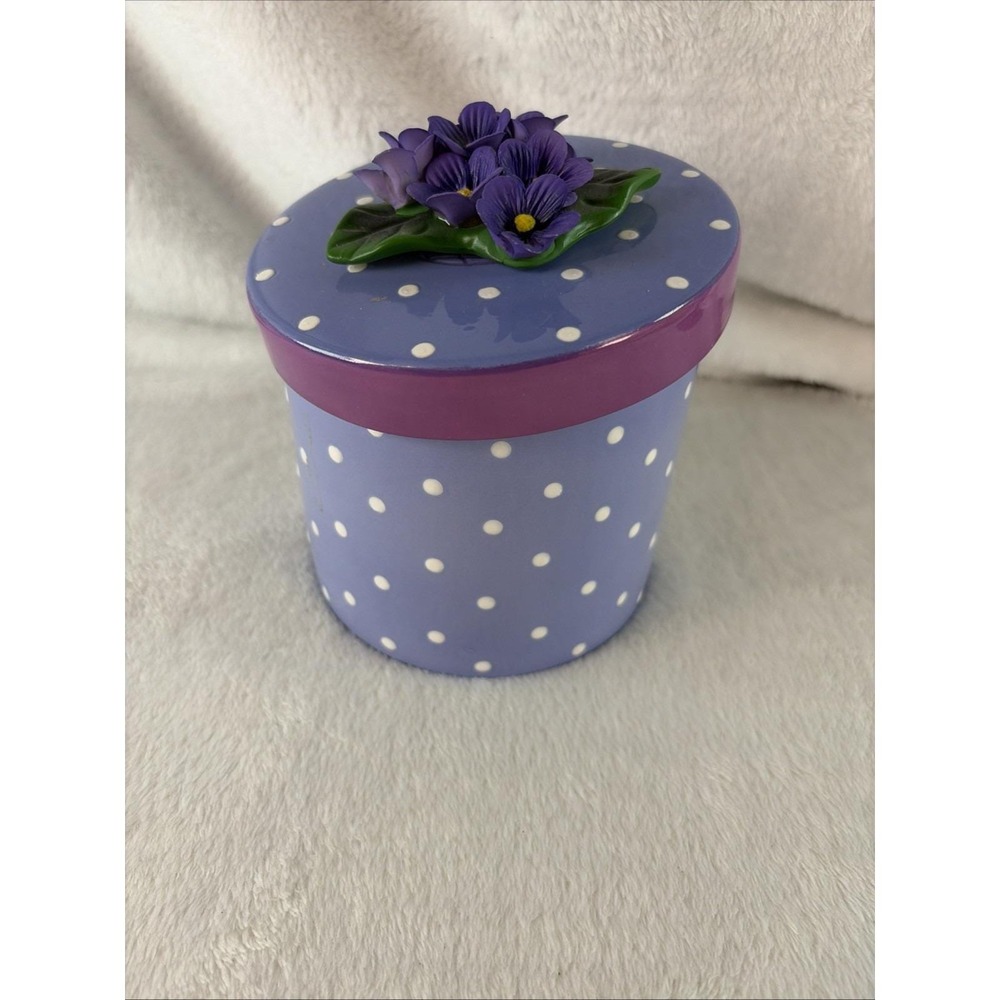 Vintage Teleflora Gift Purple Polka Dot Ceramic Trinket Box 3D Violet Floral Lid